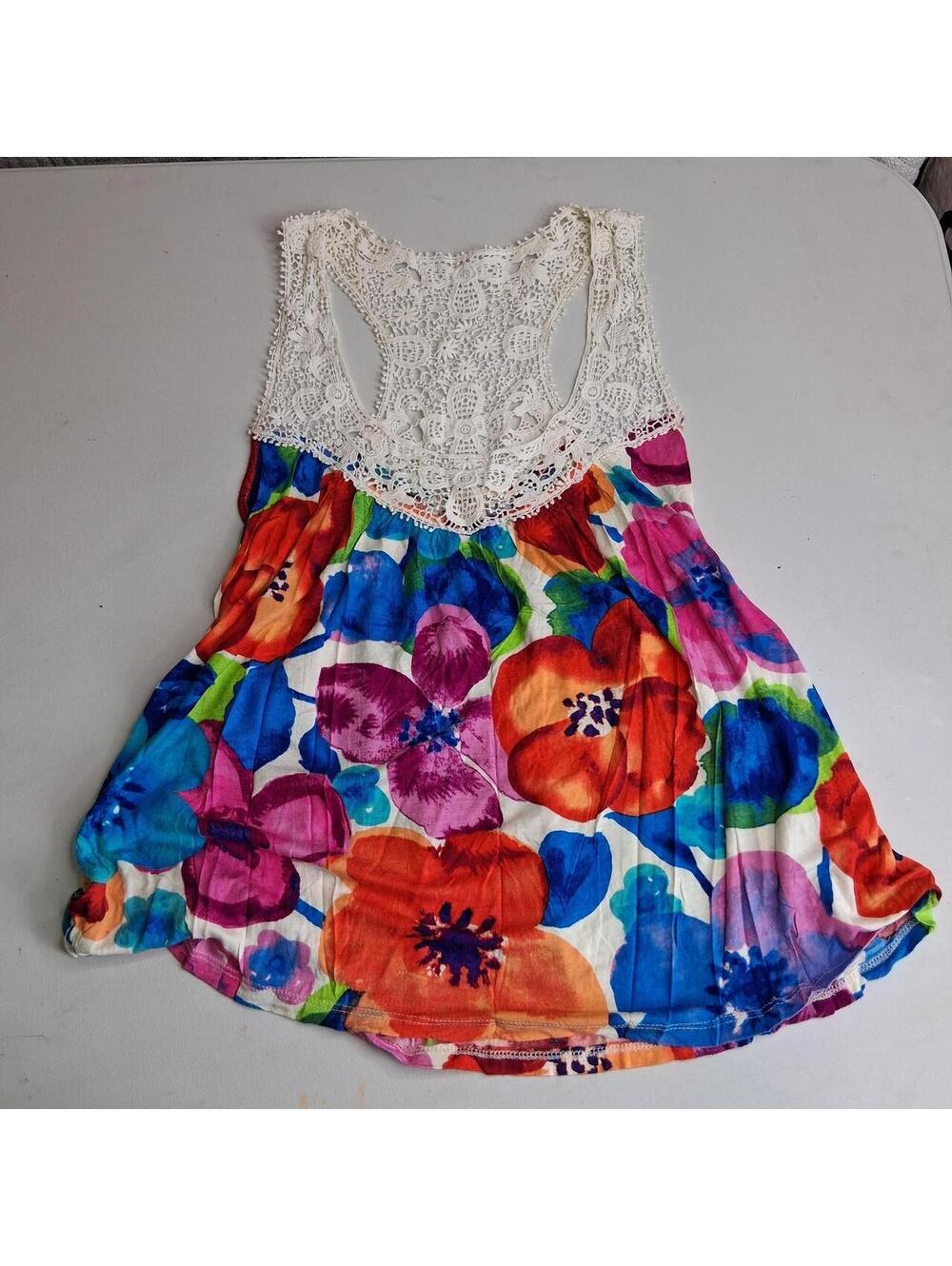 Twentyone multi-colored floral tank top with lace back detail, size S y2k